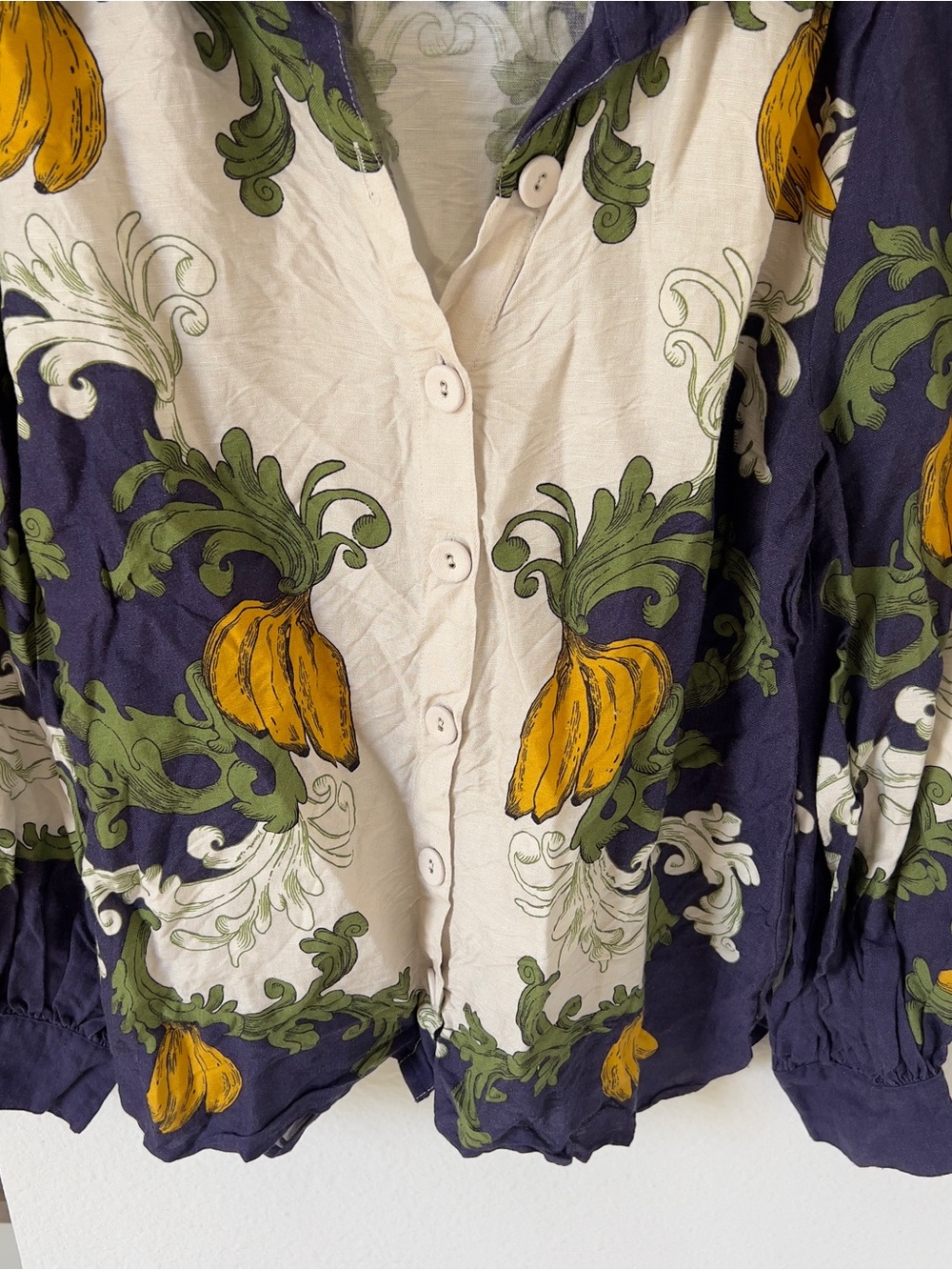 Farm Rio x Anthropologie Puff-Sleeve Printed Buttondown Banana Blouse Top Shirt - Picture 5 of 7